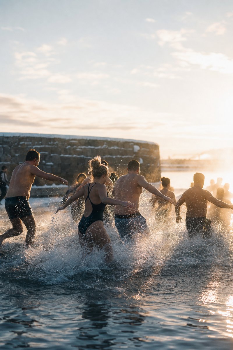 Groep mensen die gezamenlijk het koude water induikt op een winterse dag, met opspattend water