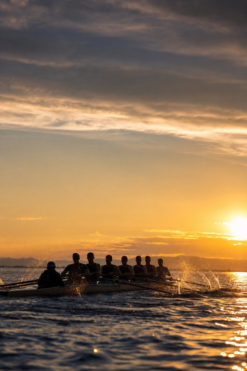 Silhouet van een roeiboot met bemanning tijdens een wedstrijd, bij zonsondergang op de rivier