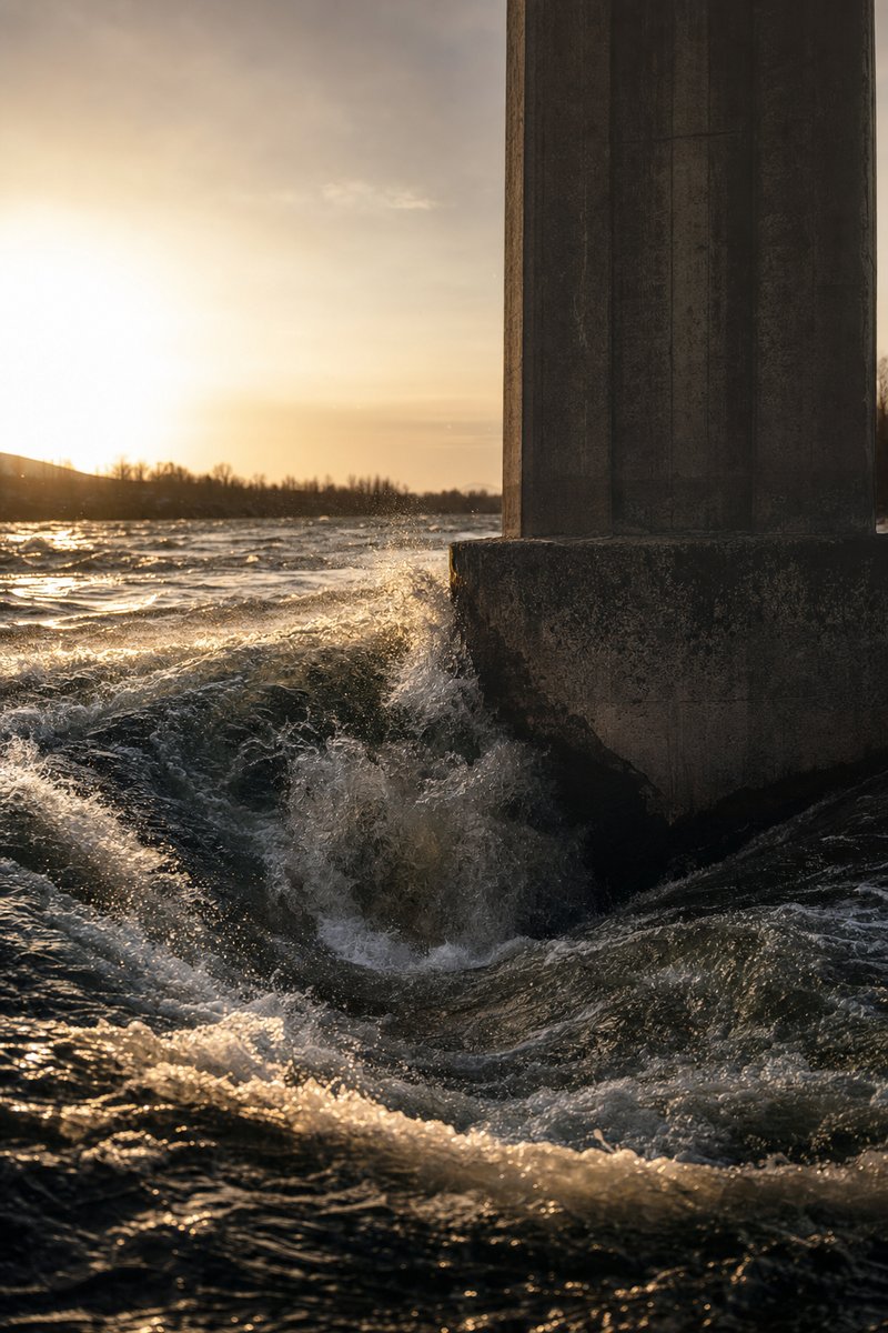 Wervelende stroming rond een betonnen pijler in de rivier, met opspattend water bij zonsondergang